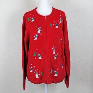 Croft & Barrow vintage 90s red Christmas holiday zip up sweater cardigan size M